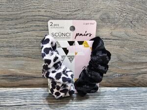 Scunci Pairs Day & Night Hair Scrunchies 2 Pack Black Leopard Print New